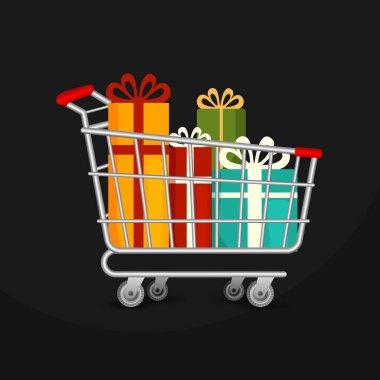 Renkli hediyelerle dolu bir alışveriş arabasının basit, düz bir çizimi. E-ticaret, Kara Cuma veya Noel indirimi tasarımları için izole bir simge.