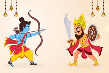 Hindu destanı Ramayana 'dan bir çizgi film sahnesi. İlahi okçu Lord Rama, Dussehra festivalinin ana temasını sembolize eden şiddetli bir Asura ile karşılaşır..