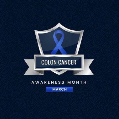 Uluslararası Kolon Kanseri Farkındalığı Ayı 'nın sembolü olan mavi kurdele çiçek arkaplanlı gümüş bir kalkanda sergileniyor..