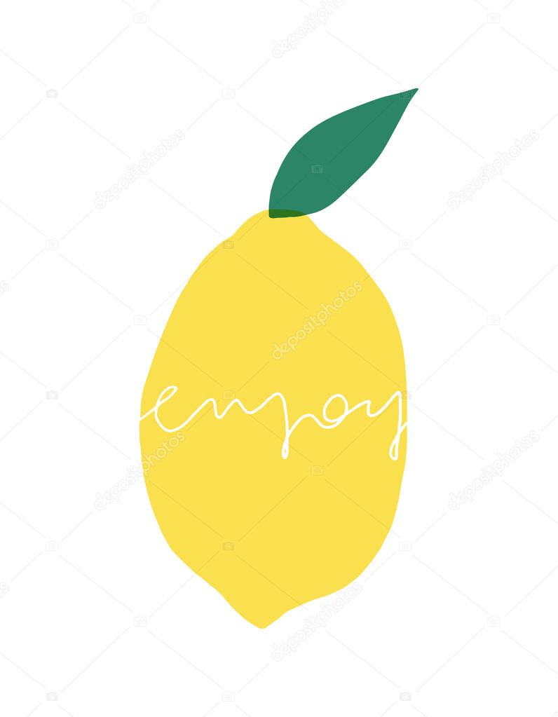 Hand drawn lemon with leaf on the white background