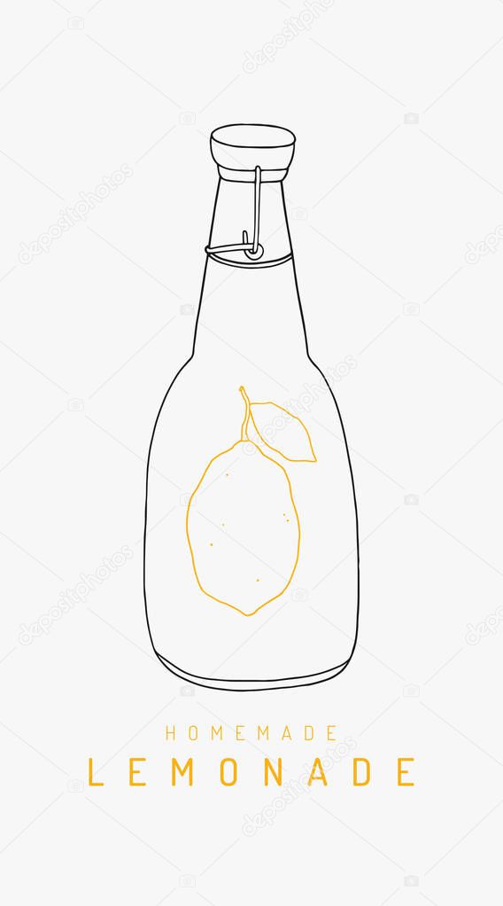 Lemonade bottle line art. Hand drawn vector contour on the white background