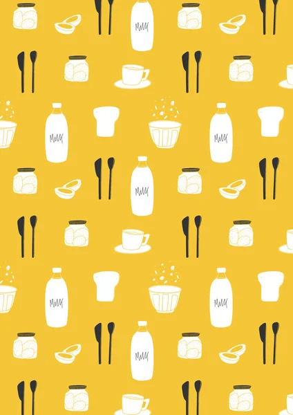 Snídaně Pozadí Ručně Tažené Žluté Kuchyňské Tapety Prvky Potravin — Stock fotografie