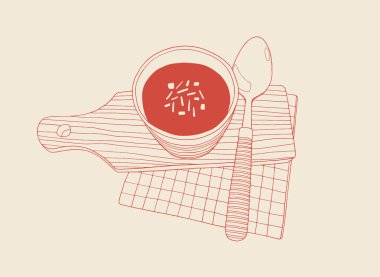 Bir fincan çorba kaşığı ve kağıt peçete ile kesme tahtası üzerinde. Vektör kontur çizim Mutfak el çekilmiş