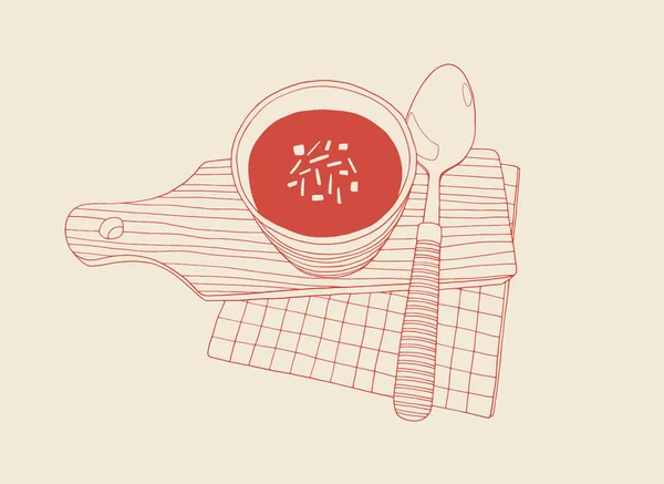 Bir fincan çorba kaşığı ve kağıt peçete ile kesme tahtası üzerinde. Vektör kontur çizim Mutfak el çekilmiş