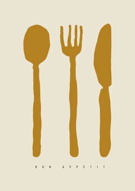 Elle çizilmiş doodle çatal bıçak takımı. Mutfak ve kafe için çatal, kaşık ve bıçak illüstrasyon vektör