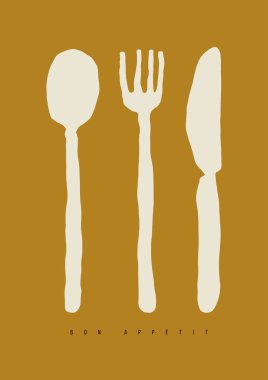 Elle çizilmiş doodle çatal bıçak takımı. Mutfak ve kafe için çatal, kaşık ve bıçak illüstrasyon vektör