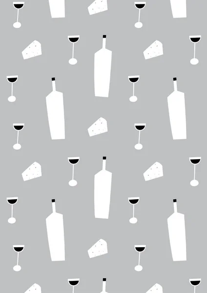 Stylized wine pattern background. Wine bottle, glasses and cheese wallpaper