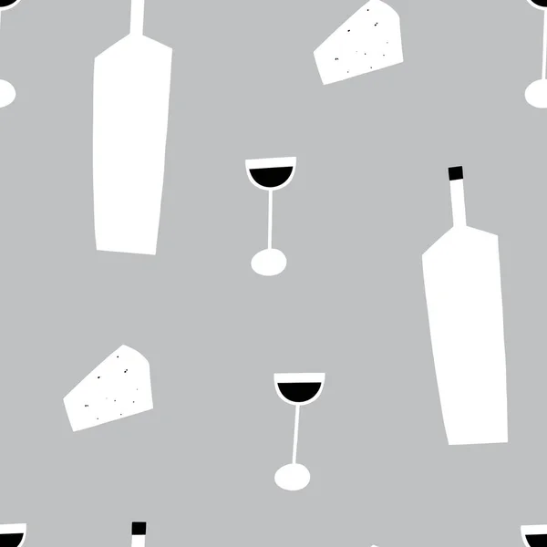 Stilisierte Vektor Wein Nahtlose Muster Weinflasche Gläser Und Käse Hintergrund — Stockvektor