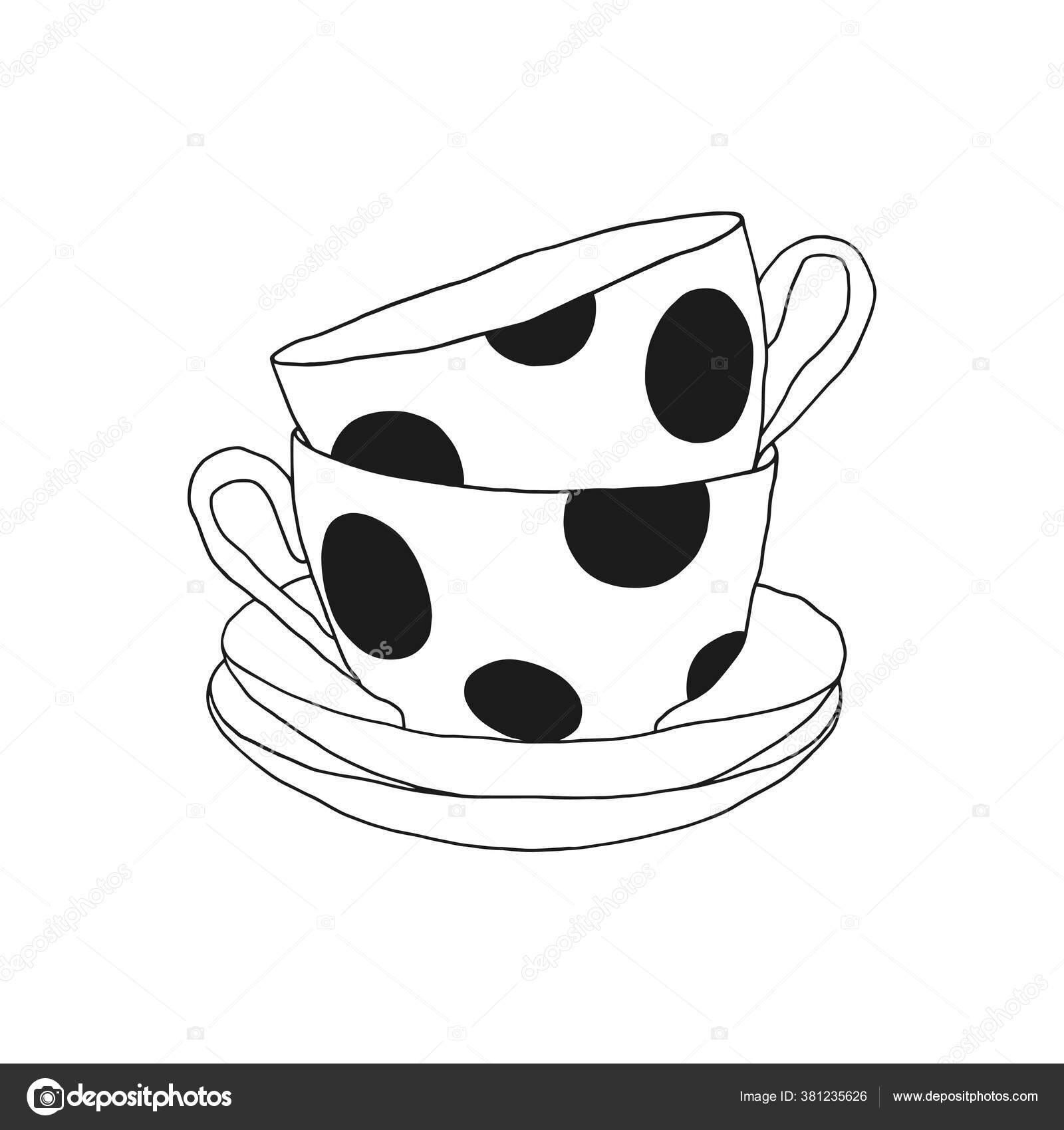 Two Stacked Dotted Cups Saucers Line Art White Background Kitchen Stock