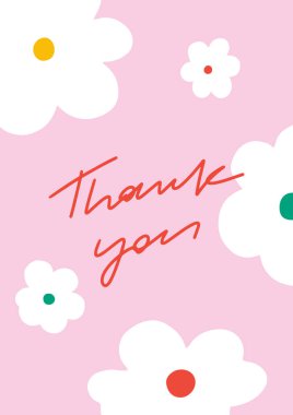 Simple thank you card with flat white flowers. Bold floral card design with handwriting on the pink background. Cropped with clipping mask clipart