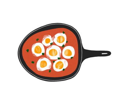 Shakshouka karikatür çizimi. Beyaz arka planda tavada domates sosunda haşlanmış yumurta tabağı. Elle çizilmiş yemek lekesi çizimi