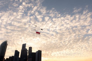 Singapur Ellinci yıldönümü için bayrak ile gökyüzü helikopter anında