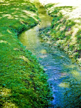 Mavi gökyüzüne karşı yeşil çimlerin arasında orman akıntısı