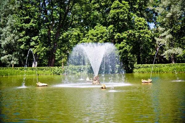 Vieille Fontaine Avec Plusieurs Cornes Dans Parc Contre Ciel — Photo