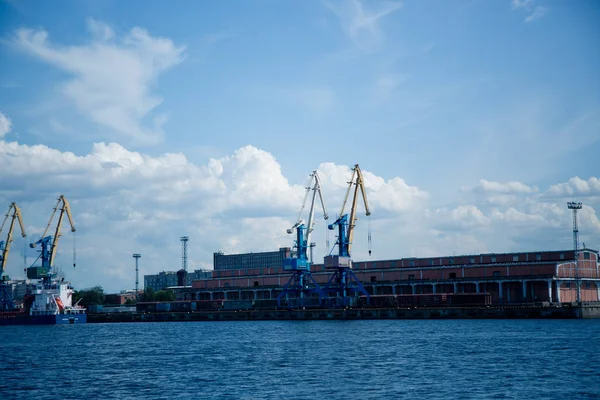 Grúas Industriales Puerto Para Descarga Buques — Foto de Stock