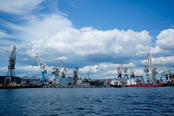 Grúas Industriales Puerto Para Descarga Buques — Foto de Stock