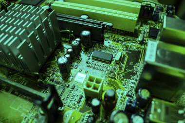 Elektronik bilgisayar donanım teknolojisi. Anakart dijital çip arka plan.