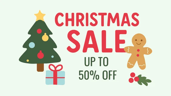 Noel indirimi afişi, zencefilli kurabiye ve Noel ağacı, vektör tasarımı.