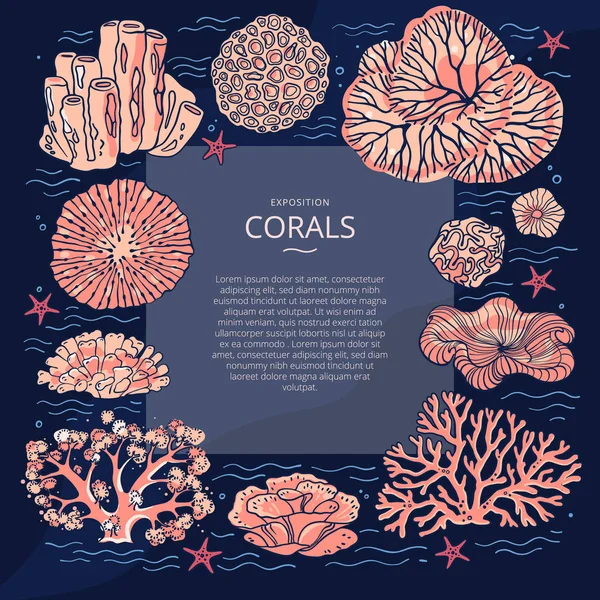 设计模板的小册子 珊瑚插图 矢量传单与珊瑚周围的文本和波浪线的设计 深海背景 品牌设计 — 图库矢量图片