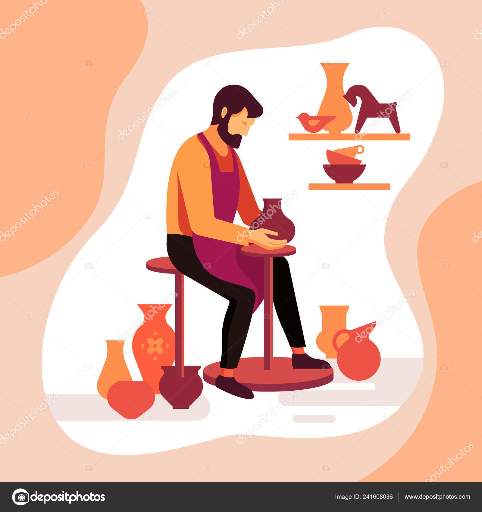 O oleiro artesão esculpe um vaso de barro na máquina. Ilustração vetorial  de um mestre de cerâmica no trabalho . Vetor de ©maludk 241608036, image size:1600x1700