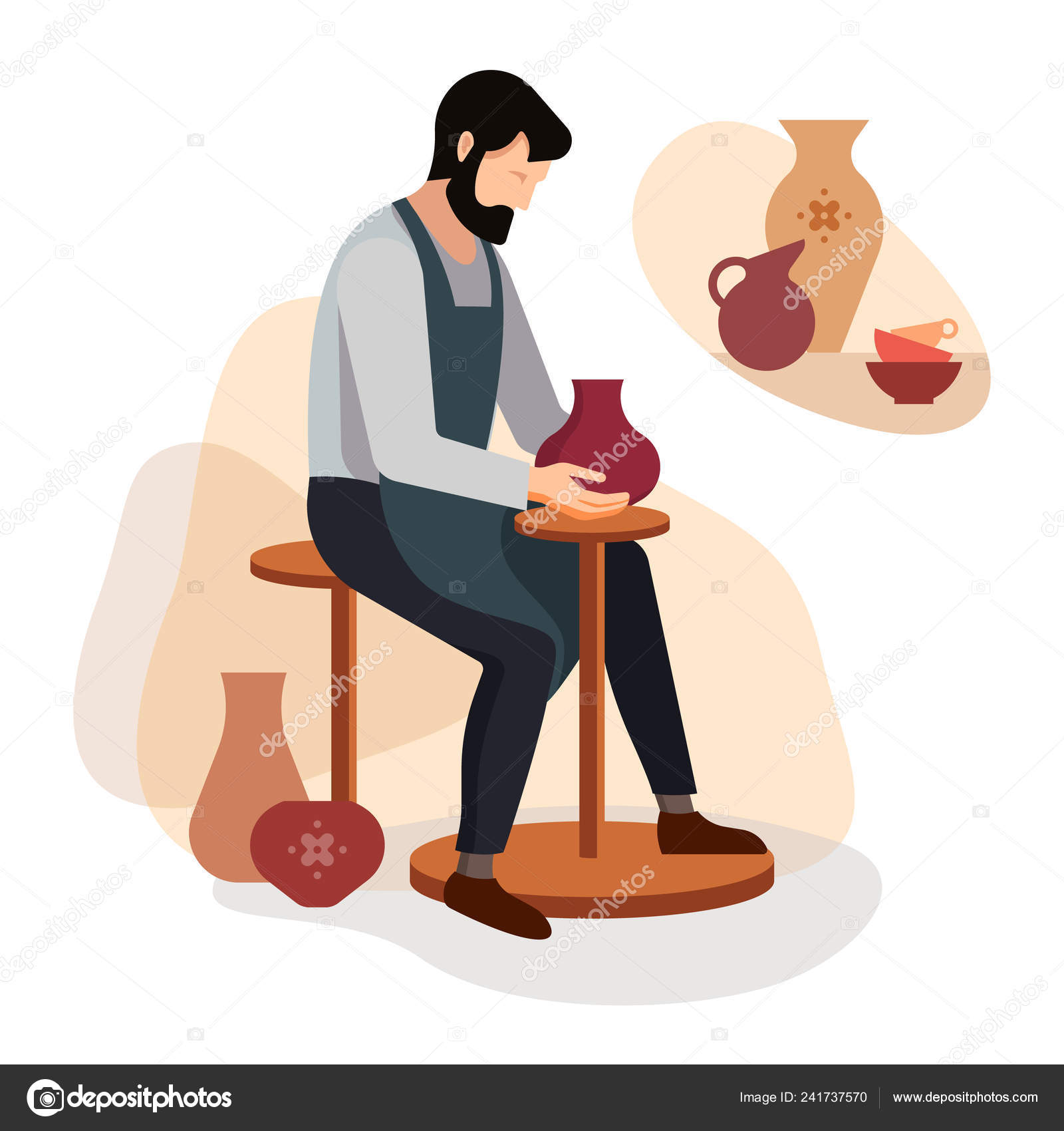 O mestre oleiro faz um vaso de barro. Ilustração vetorial do trabalho de um  artesão de, image size:1600x1700