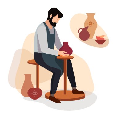 Master potter bir kil vazo yapar. Bir çanak çömlek esnaf iş vektör Illustration. Seramik Atölyesi poster. Mutlu bir çömlekçi atölyesinde seramik bir pot çömlekçilik direksiyonda yapma.