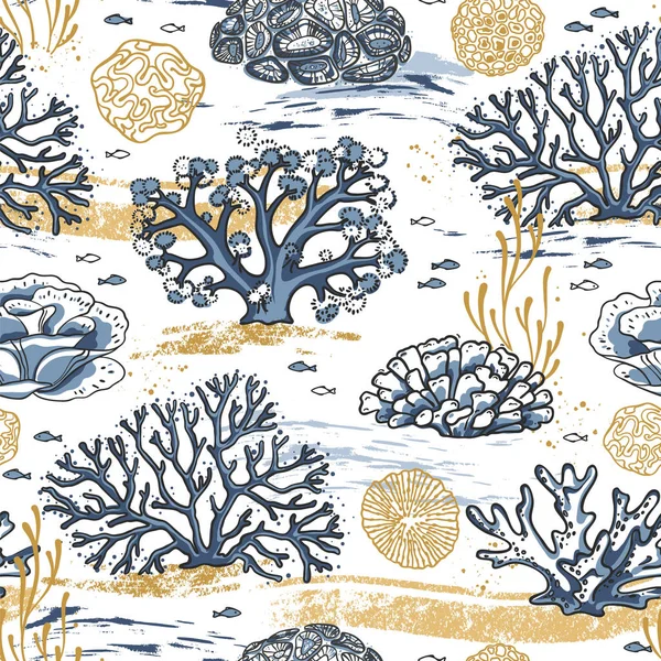 手绘无缝的图案的活珊瑚孤立的白色背景 五颜六色的面料 家用纺织品 包装和表面的设计和装饰背景 — 图库矢量图片