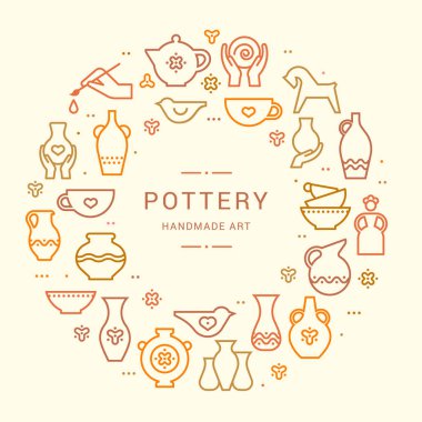 Çanak çömlek çarkı, potter, kil at ve diğer seramik karolar simgesinde bir doodle ile düz stil ayarlayın. Daire şablon Seramik Atölyesi, seramik dersleri afiş illüstrasyon.