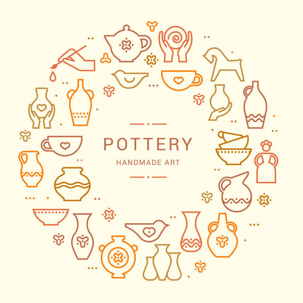 Pottery wheel, potter, clay horse, and other ceramic products in the icon set in flat style with a doodle. Circle template pottery workshop, ceramics classes banner illustration.