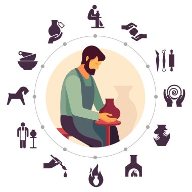 Seramik tabak seti ve el sanatları. Arka planda çeşitli mutfak eşyaları vektör Icon set. İzole seramik satır simgeler ve vektör çizim.