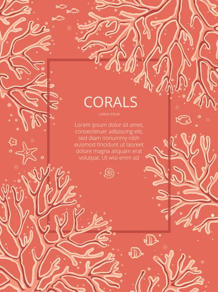 Design-Vorlage mit handgezeichneten Korallen auf lebendigem Korallenhintergrund mit Platz für Text. — Stockvektor