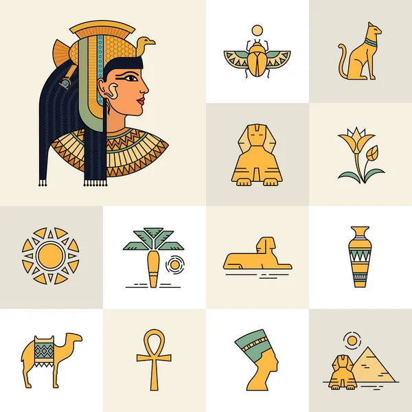 Isoliert auf weißem Hintergrund eine Reihe von Symbolen und Illustrationen im Zusammenhang mit Ägypten. — Stockvektor