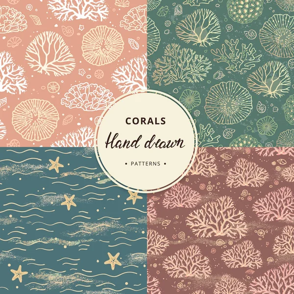 A hand-drawn collection of coral and sea seamless patterns with additional elements in various colors. — Stock Vector