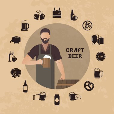 Brewer kendi bira bira varil vektör çizim yakınındaki gösteren elinde bir bira ile