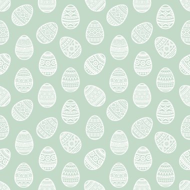 Geleneksel tarzda beyaz Paskalya yortusu yumurta vektör düz simgelerin seamless modeli boyalı.