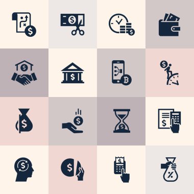 Finans, bankacılık, iş, ödeme ve para işlemleri için düz tasarım kavramı simge kümesi.