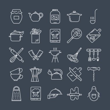 Set of clean line icons featuring various kitchen utensils and cooking related objects. clipart