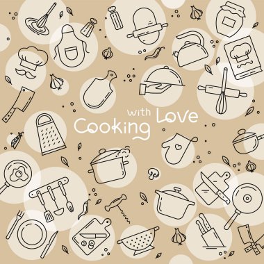 Background from icons on the theme of kitchen and cooking with lettering cooking with love. clipart
