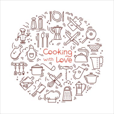Cooking with love circular Background from icons on the theme of the kitchen and cooking with lettering. clipart