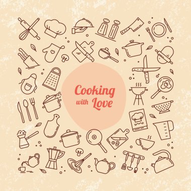 Background from icons on the theme of kitchen and cooking with lettering cooking with love. clipart