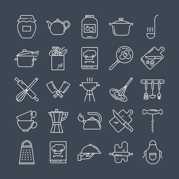 Набор иконок чистой линии с различными кухонными принадлежностями и предметами, связанными с готовкой . — стоковый вектор