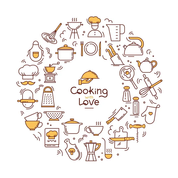 Cooking with love circular Background from icons on the theme of the kitchen and cooking with lettering. — Stock Vector