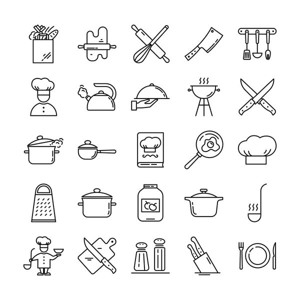 Set of clean line icons featuring various kitchen utensils and cooking related objects. — Stock Vector