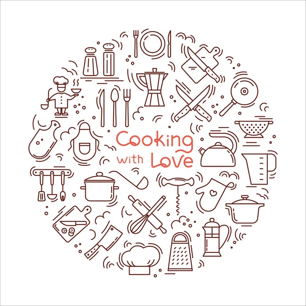 Cocinar con amor circular Fondo de iconos sobre el tema de la cocina y cocinar con letras . — Archivo Imágenes Vectoriales