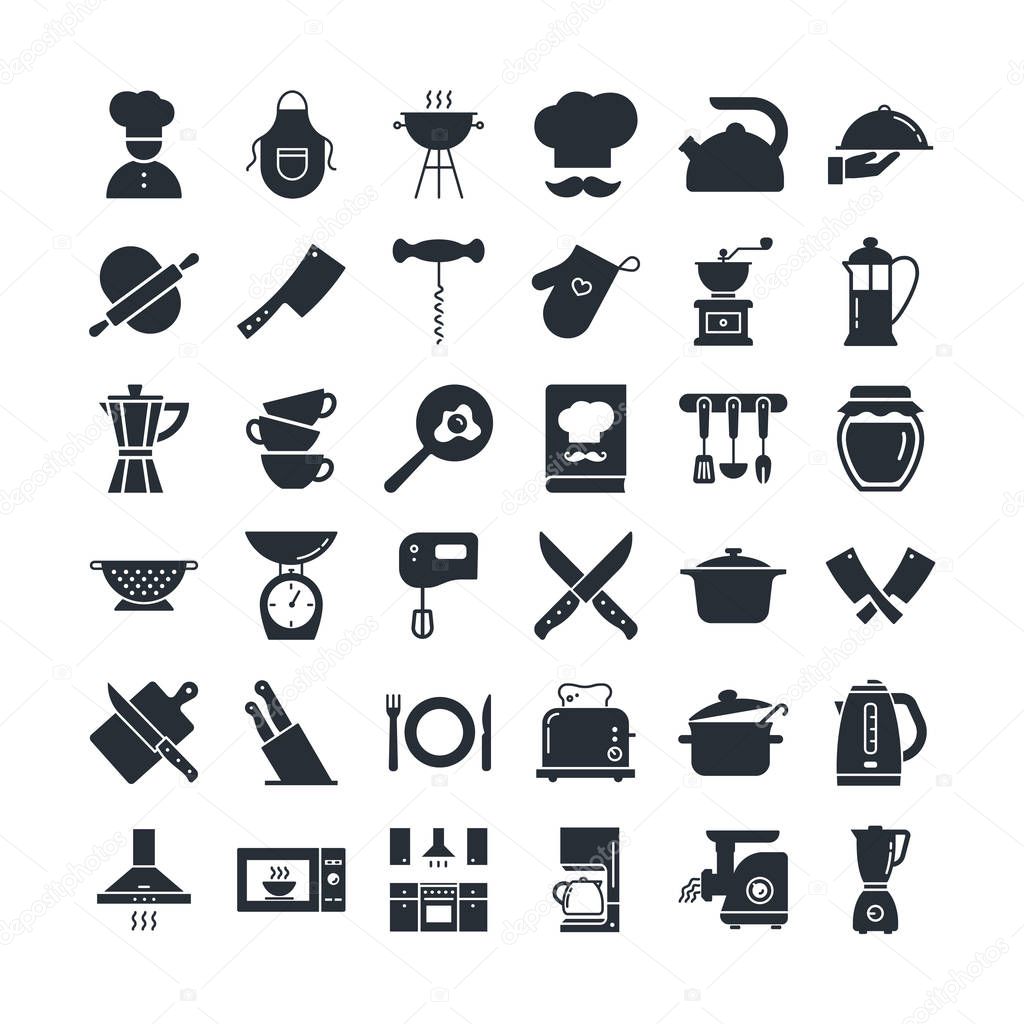 Set of icons on the kitchen theme, kitchen tools, logos, and lettering.