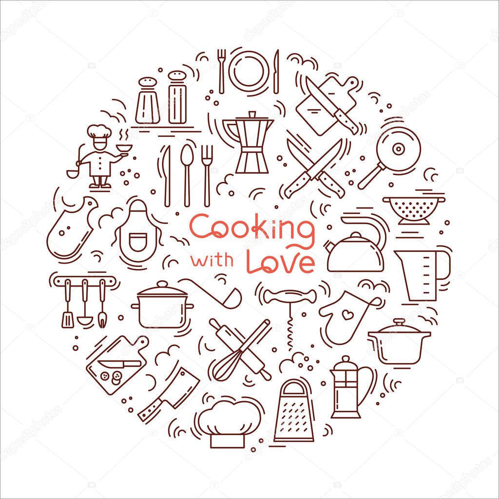 Cooking with love circular Background from icons on the theme of the kitchen and cooking with lettering.