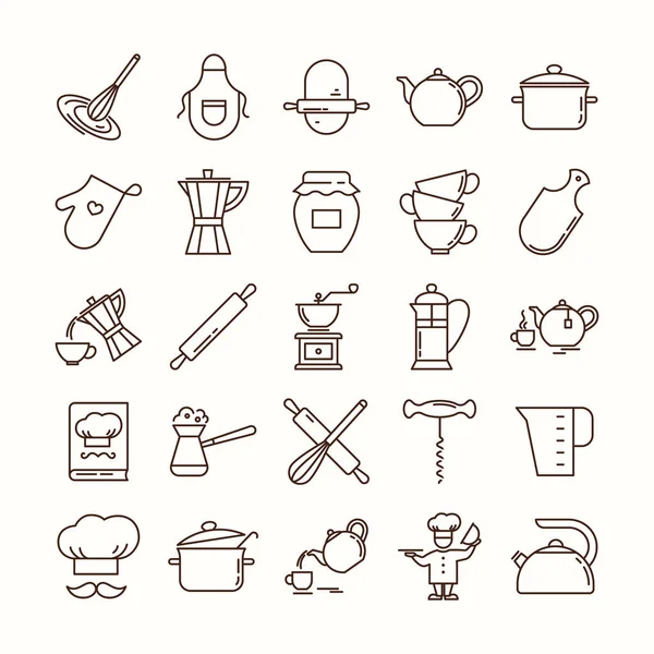 Zestaw ikon czystej linii oferuje różne naczynia kuchenne i gotowania obiekty powiązane. — Wektor stockowy