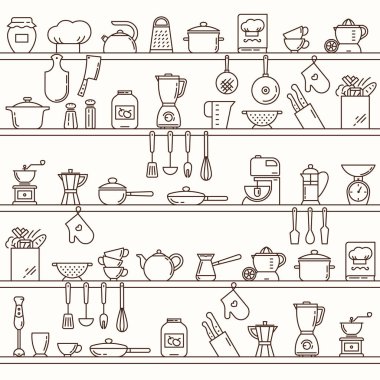 Seamless horizontal pattern with kitchen shelves full of various kitchen items and tools. clipart