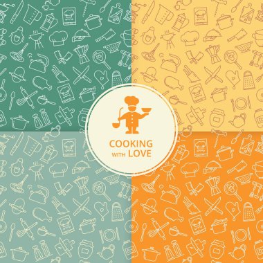 Mutfak öğeleri çeşitli renklerde çeşitli mutfak konulu dört Dikişsiz desen ayarla.