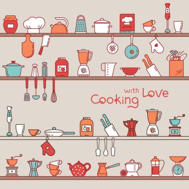 Seamless horizontal pattern with kitchen shelves full of various kitchen items and tools. clipart